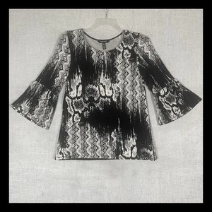 Ellen Tracy Top S Women’s Small Black White Abstract Print Bell Sleeve Stretch - Picture 1 of 12