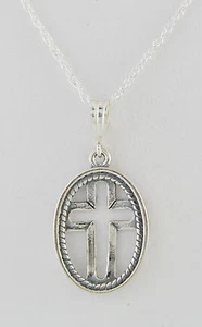 Open Cross in Oval 20 X 16 mm Necklace 18" Rope Chain Antiqued Sterling Silver - Picture 1 of 2