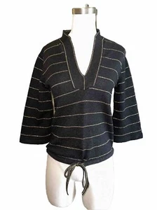 Vintage Stage 7 Black Gold V-neck Blouse Drawstring Waist Size 8 Belle 3/4 Slv - Picture 1 of 9