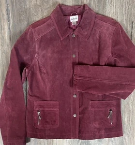 CHICOS  DEEP BERRY LEATHER SUEDE COLLARD LONG SLEEVE JACKET SZ CHICO (1) OR 8 - Picture 1 of 7