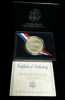 1991 D USO Commemorative Uncirculated Silver Dollar - Image 1 of 4