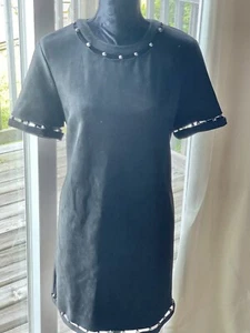 Gracia Black Shift Dress Short Sleeve Metallic Silver Beads Cut Out Trim LARGE - Bild 1 von 17