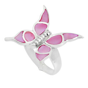 Hand Carved 5.89gms Pink Pearl Enamel Butterfly Ring Jewelry Size 7 C12602