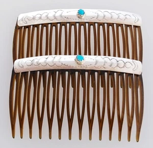 Native American Navajo Handmade Sterling Silver with Turquoise Hair Combs - Picture 1 of 1