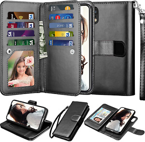 iPhone XR Hülle PU Leder abnehmbar Personalausweis Halter Folio Flip Handyhülle schwarz