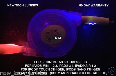 LED light RETRACTABLE data sync charger power cable for iPhone X 8 7 plus 6 5s c - Image 1 of 4