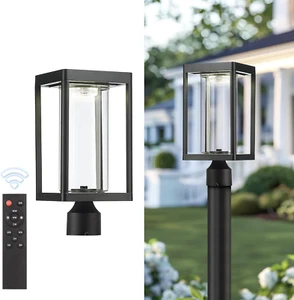 Solar Outdoor Post Lights, Black Aluminum with Glass, Dusk to Dawn, Remote Contr - Picture 1 of 8