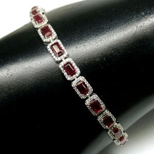 Heated 3 x 5 mm. Red Ruby & Cubic Zirconia Bracelet 9" 925 Sterling Silver - Picture 1 of 5