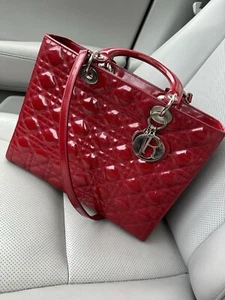 Large Lady Dior Red Cannage Patent Leather Handbag Top Handle Shoulder Strap - Picture 1 of 4