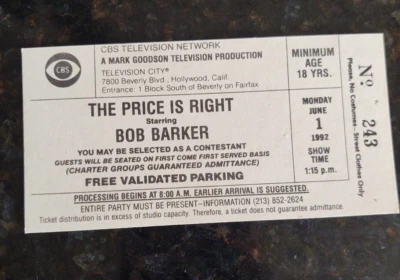 1992 THE PRICE IS RIGHT GAME SHOW BOB BARKER NUMBERED SHOW AUDIENCE TICKET - Image 1 of 2