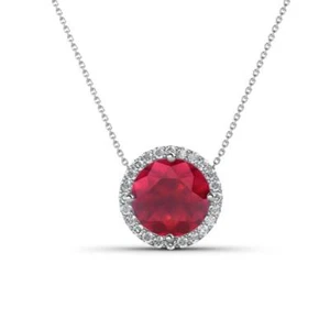 Lab Created Ruby & Natural Diamond Halo Pendant Necklace 14K Gold JP:246466 - Picture 1 of 13