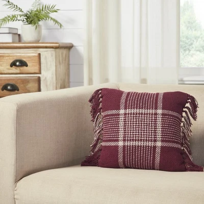 Eston Burgundy Tan Plaid Pillow 12x12 VHC Brands - Image 1 of 4