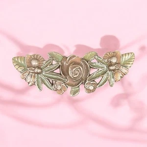 Large Embossed Pewter Enameled Roses Belt Buckle Pink Green Brown Country Flower - Picture 1 of 11