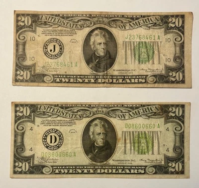 1934 $20 Twenty Dollar Federal Reserve Notes • Lot of 2 • Vintage US Currency - Image 1 of 4