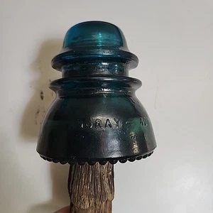 Antiker Glas Hochspannungs Pol Isolator Hemingray Brookfield Holzzapfen blau - Bild 1 von 7