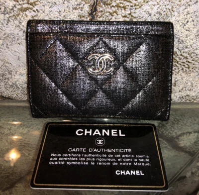 CHANEL Card Holder ID Wallet Metallic Gunmetal Quilted Leather Case Silver CC - Image 1 of 4