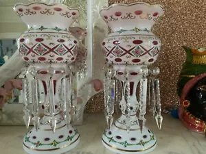 Victorian pair of Overlay Bohemian Lustre Vases - Picture 1 of 11