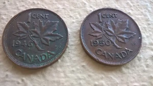 Two Canadian 1 Cent Maple Leaf Penny Coins (1946, 1950)- Canada-King George VI - Picture 1 of 2