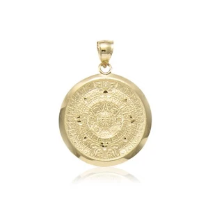 10K Solid Yellow Gold Aztec Calendar Pendant - Sun Round Medal Necklace Charm - Picture 1 of 8