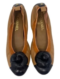 Chanel Camellia Rosette Ballet Leather Ballerines Velvet Trim Brown Flat SZ 37 - Picture 1 of 21