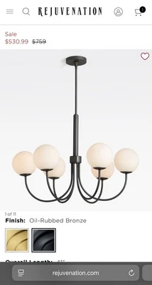 NIB Rejuvenation Orillia 6 Light Globe Chandelier, Bronze / Black Milk Glass 41” - Image 1 of 4