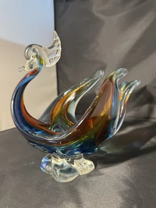 MCM Atemberaubende Murano Kunst Glas Vogel Schale Schale Cadmium Glow Hahn Pfau - Bild 1 von 24