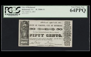 1862 VIRGINIA RICHMOND, 50c City VA Note Civil War BankNote Currency, PCGS 64 - Picture 1 of 4