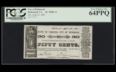 1862 VIRGINIA RICHMOND, 50c City VA Note Civil War BankNote Currency, PCGS 64 - Image 1 of 4