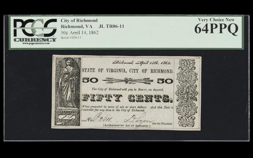 1862 VIRGINIA RICHMOND, 50c City VA Note Civil War BankNote Currency, PCGS 64 - Image 1 of 4
