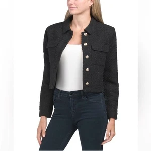 Chaqueta corta Rachel Zoe negra de tweed con bolsillos dorados con botones Blazer para mujer XS - Imagen 1 de 11