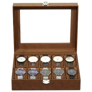 Caja Reloj 10 Ranuras Café Cuero con Ventana Cristal Regalo para Hombre Padre Marido - Imagen 1 de 12