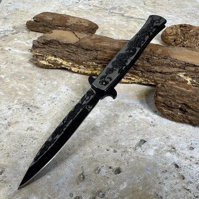 9” Black Rose Flower Tactical Spring Assisted Open Blade Folding Pocket Knife - Image 1 of 4