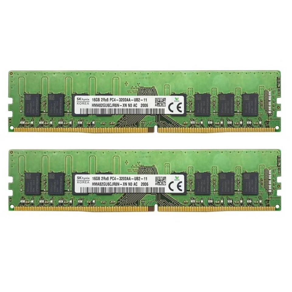 Hynix 32GB 2X16GB DDR4 3200MHz PC4-25600 2RX8 UDIMM Memory Ram HMA82GU6CJR8N-XN - Image 1 of 4