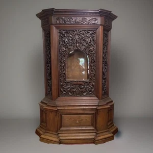 ANTIQUE GUN CABINET BLACK FOREST HEAVILY CARVED OAK DISPLAY 96.5" NBA OWNERS - Picture 1 of 14