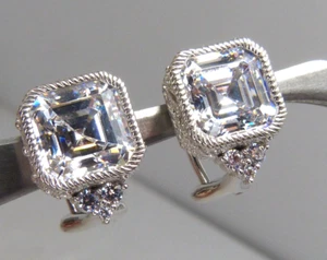 Judith Ripka Sterling Silver & Asscher Cut CZ Earrings Clip On Cubic Zirconia - Picture 1 of 11