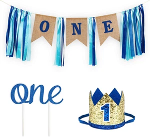 1St Birthday Boy Decorations with Burlap Highchair Banner, Cake Topper, Blue Hat - Picture 1 of 12