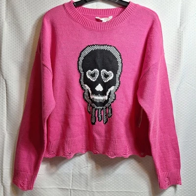 NUEVO CON ETIQUETAS $ SIN LÍMITES Barbiecore Calavera Novedad Suéter Talla XXL Rosa Dobladillos Envejecidos Foto 1 de 4