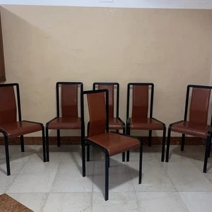 Lotto di 6 Sedie In Ferro E Cuoio , Achille Castiglioni  1970 - Foto 1 di 13