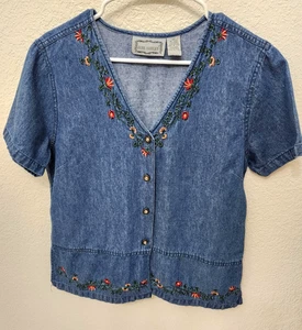 Women's S Short Sleeve Embroidered Shirt Jean Color Blue Jane Ashley - Picture 1 of 7