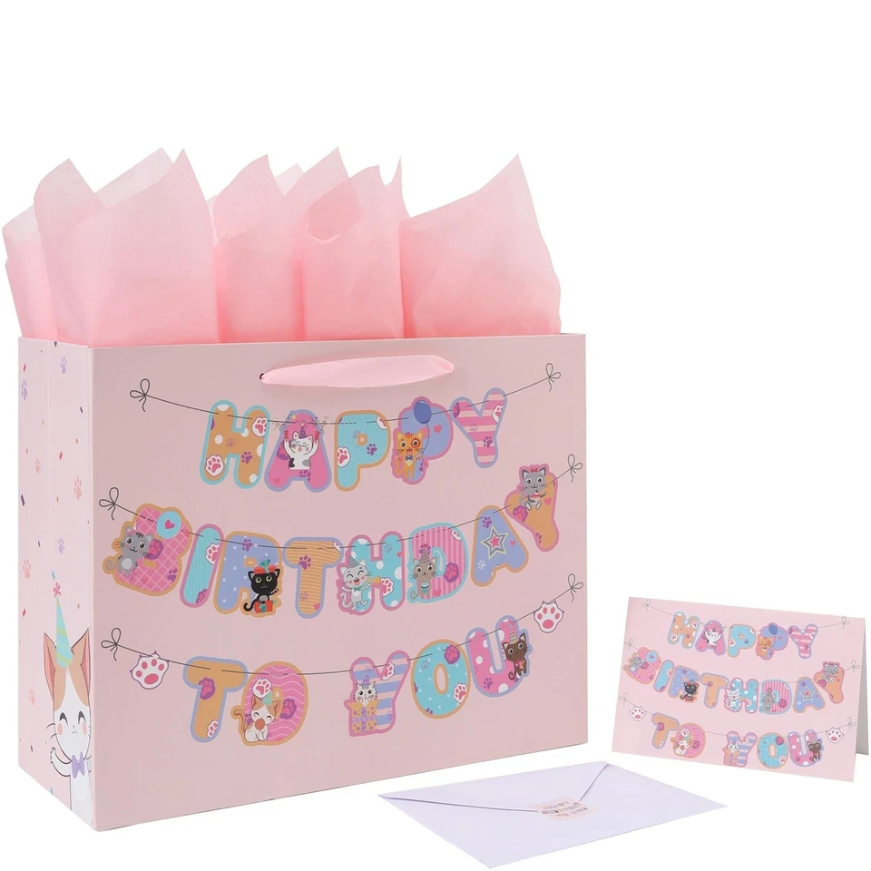 Cat Kraft Paper Party Favor Bag, 13-inch Pink Birthday Gift Bag Set - Image 1 of 4