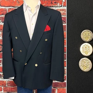 MENS DOUBLE BREASTED JACKET SIZE 46 NAVY BLUE VINTAGE PEAK LAPEL LESSONA BLAZER - Picture 1 of 12