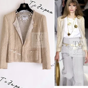 CHANEL 03S Beige Silk Cropped Cardigan Jacket Runway Karl Lagerfeld 36 US4 - Picture 1 of 24