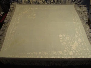 VINTAGE 5' X 5' - IVORY COLOR SILK PIANO SHAWL - FLORAL EMBROIDERED - 14" FRINGE - Picture 1 of 13