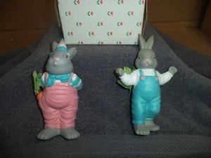 Dept 56 Easter Bunny Figurines "Birthday Hat and Blue Overalls" 2 pieces - Picture 1 of 3