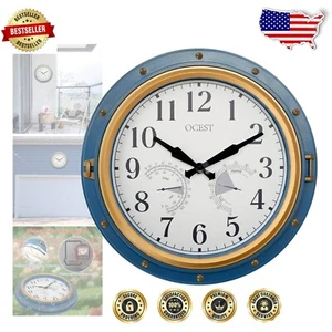 Elegant 16-Inch Waterproof Wall Clock with Thermometer for Indoor & Outdoor Use - Picture 1 of 11