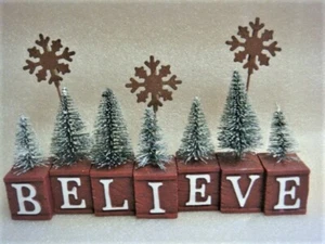 New 3-D BLOCKS "Believe" w/ Tiny Christmas Trees & 3 Snowflake Photo Clips - Picture 1 of 5