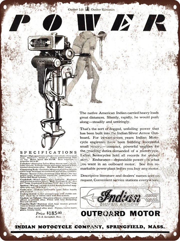 1930 Indian Silver Arrow Outboard Motors Motorcycle Comp Metal Sign 9x12" A959 - Image 1 of 1