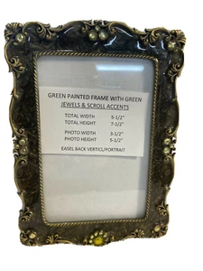 Ornate Photo Frame 5.5 x 7.5 Decorative Green Rhinestones Scroll Pattern Gold - Picture 1 of 4