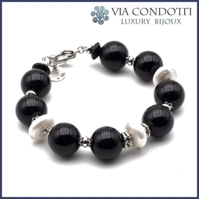 Bracciale in Onice nero e Perle naturali braccialetto pietre dure e Argento 925 - Immagine 1 di 4