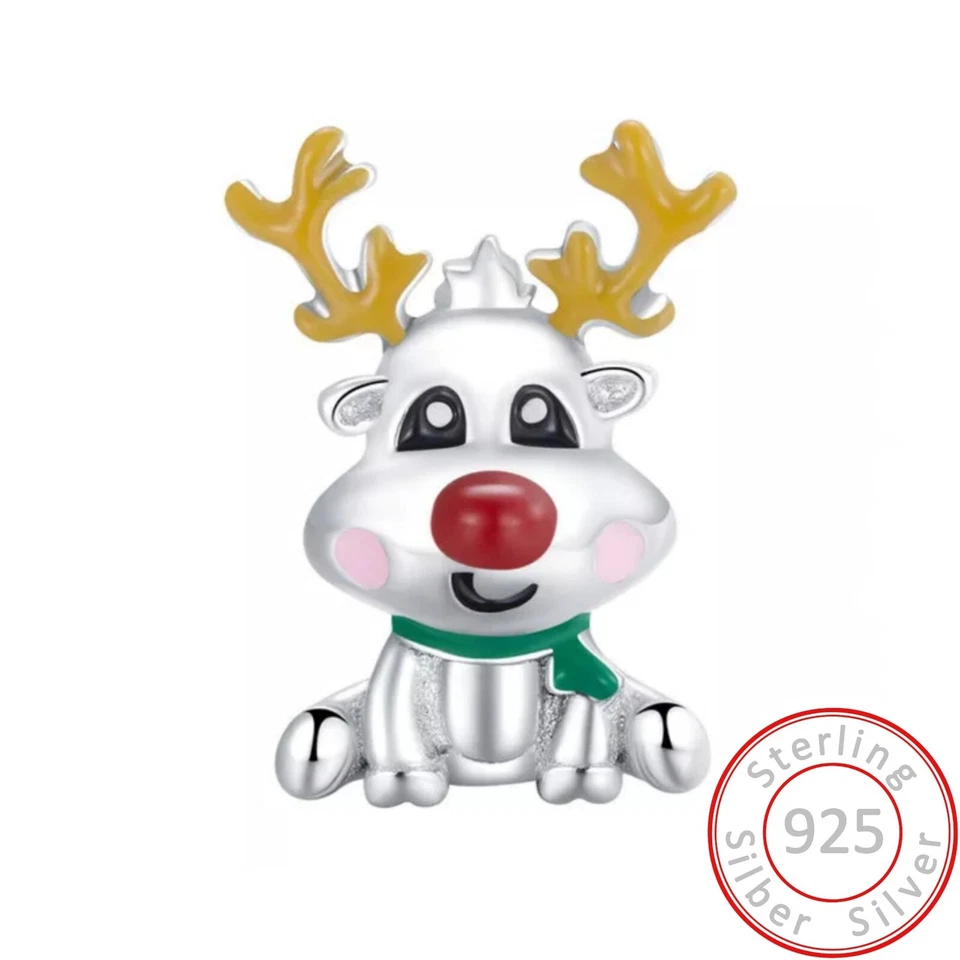 Charms Anhänger Rentier rote Nase Weihnachten Dame Armband 925 Sterling Silber - Bild 1 von 1
